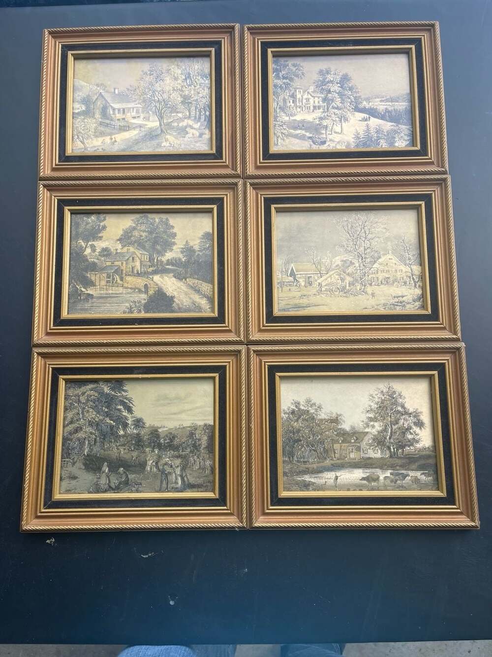 Set of 6 Vintage Currier & Ives Style Lithograph Framed Landscape Prints